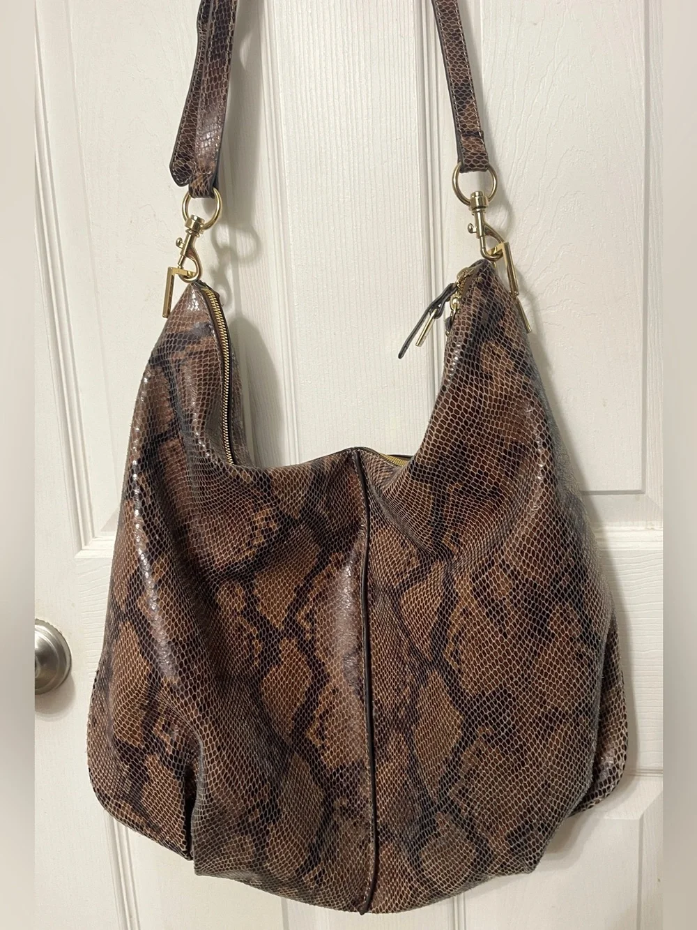 G.I.L.I Got It Love it Milano Large Brown Black Python Embossed Leather Hobo Bag